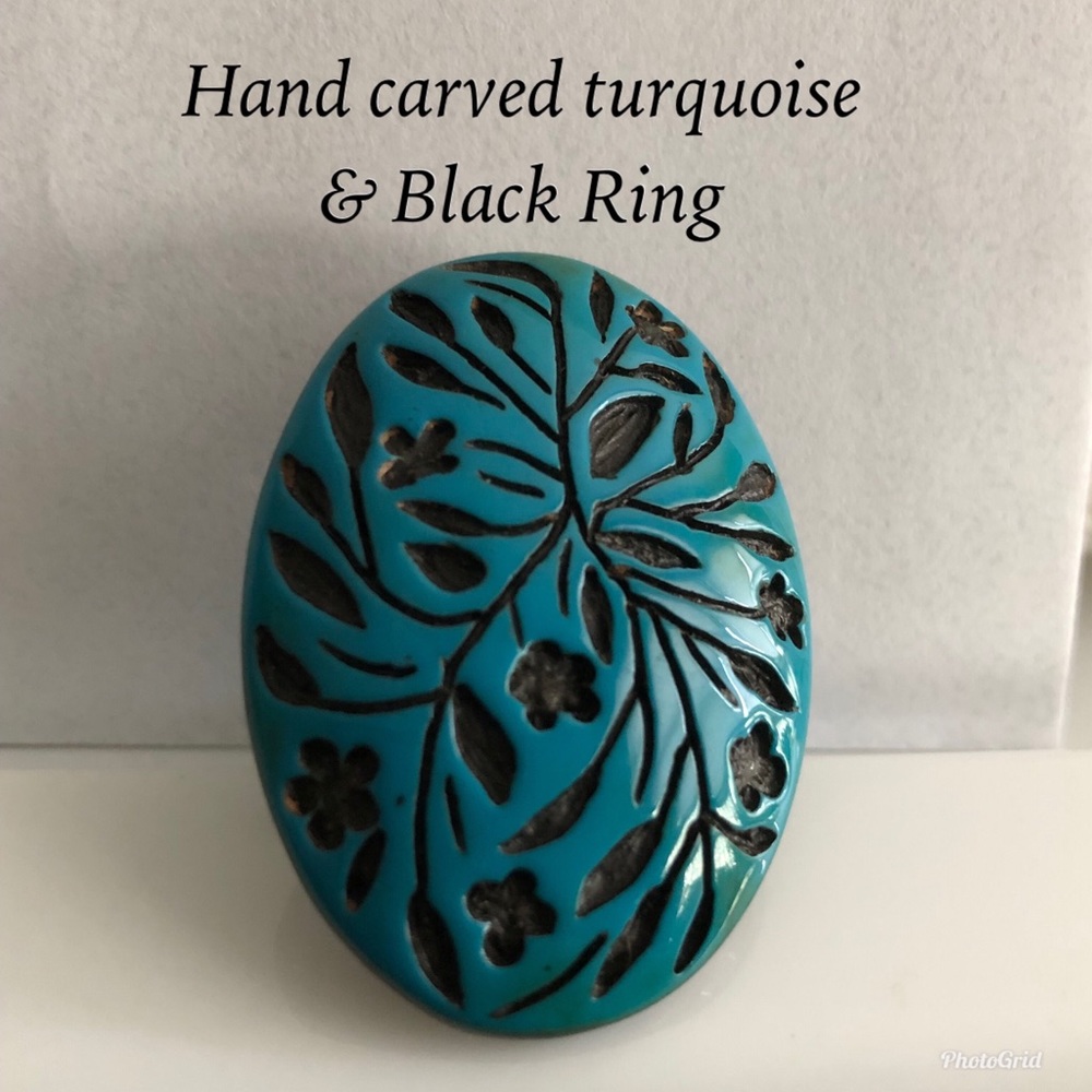 Hand carved turquoise & Black Ring